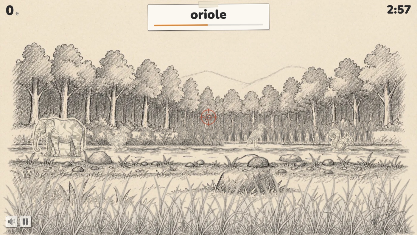 单词模式：题签 oriole 与限时进度条，在素描猎场里圈出对应的动物